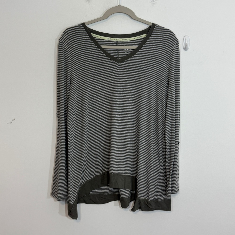 Calvin Klein Womens Top L Gray Striped V-Neck Roll Tab Sleeve Casual Athleisure